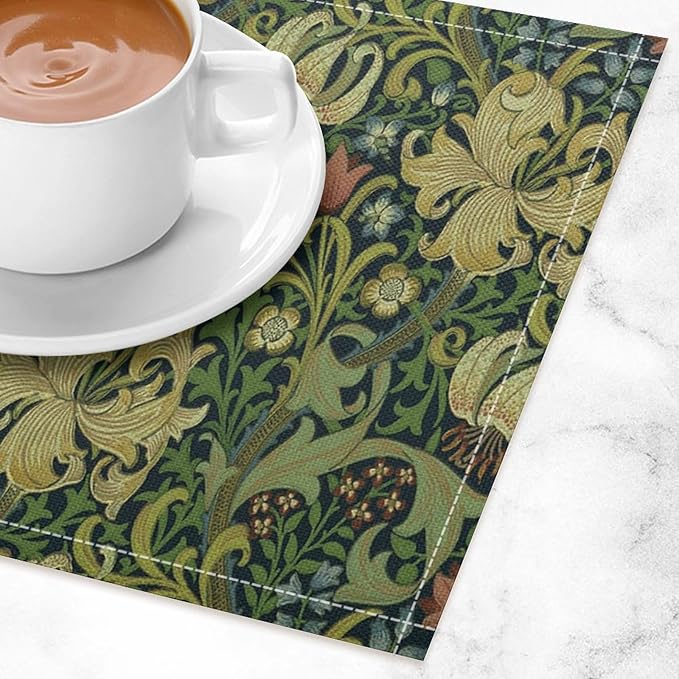 Vintage Floral Placemats Set of 4, William Morris Retro Boho Botanical Plant Place Mats, Heat Resistant Non Slip Cotton Linen Dining Table Mats for Home Kitchen Party 18x12 Inch