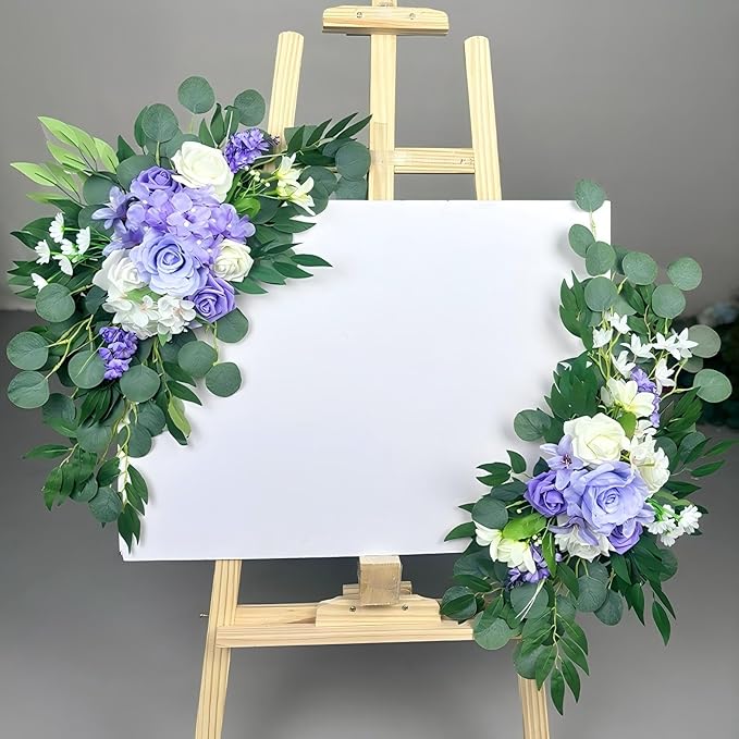 Artificial Wedding Arch Flowers (Pack of 2), White Wedding Flowers for Wedding Welcome Ceremony Sign Faux Floral Swags, Banquet and Reception Backdrop Floral Decoration (White & Purple)