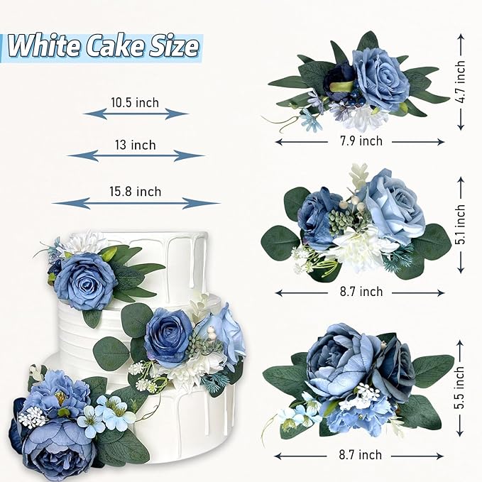 Pre-Made Dusty Blue Silk Flowers for Cakes Decorations Navy Royal Blue Artificial Rose Peony Wedding Cake Toppers Decorating Fake Floral Anniversary Birthday Party Arrangements Table