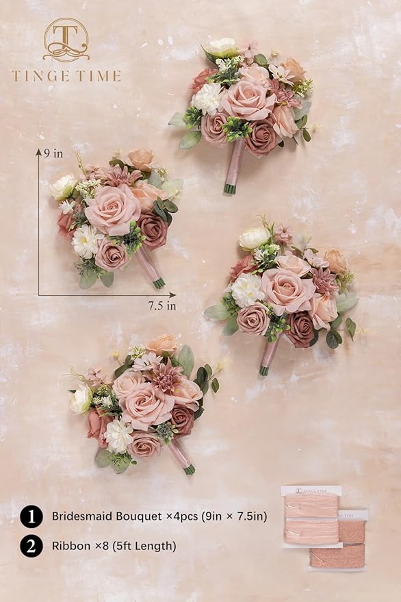 TINGE TIME 7 Inch Wedding Bouquets for Bridesmaid, Set of 4, Artificial Flowers Cascading Bridal Bouquet for Wedding Ceremony Anniversary, Bridal Shower and French Rustic Vintage Wedding (DustyRose)