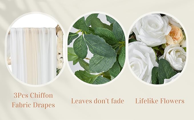 Ting's time Wedding Arch Flowers Kit (Set of 5)-2 Pcs Hanging Flower Arrangement 3 Pcs Chiffon Drapes for Wedding Ceremony Arbor and Reception(Champagne&White)