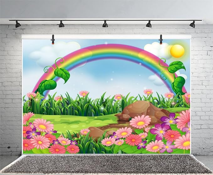 AOFOTO 8x6ft Cartoon Spring Flowers Rainbow Backdrop Meadow Sweet Floral Blossom Sky Sun Enchanting Garden Scenery Background for Kids Baby Shower Birthday Party Decor Wallpaper Photoshoot Props