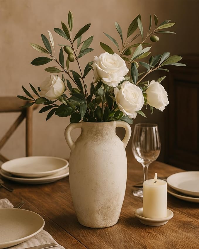 Ceramic Flower Vase Home Decor – 9.8 Inch Pottery Rustic Farmhouse Decorative Vase with Handles for Table Centerpiece, Shelf & Mantel, Beige