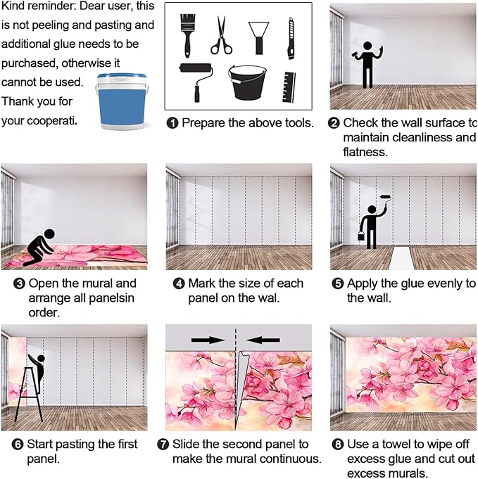 Watercolor Cherry Blossom Wall Mural, Japanese Cherry Blossom 3D Wall Murals, Simple Elegant Flowers Wallpaper Mural, for Living Room Bedroom Large Wallpaper Indoor Decor 137.8" W x100 H