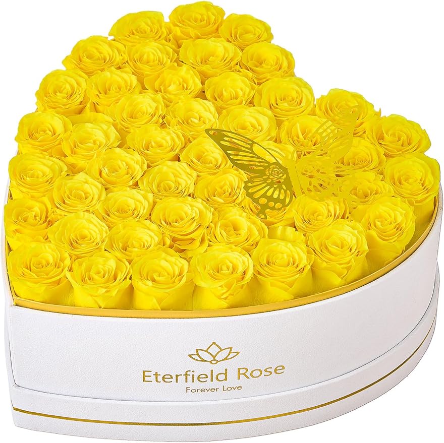 Eterfield 47 Forever Flowers in Heart Shape Box, Preserved Roses That Last a Year Preserved Flowers Birthday Gifts for Her Mom Women Wife Anniversary Valentines Day Mothers Day Christmas, Yellow