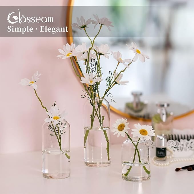 Glasseam Clear Small Flower Vases - Bulk Set of 12, Handmade Modern Decorative Bud Vases for Flowers, Wedding Centerpiece, Dining Table Decoration