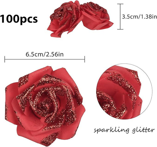 100pcs Red Glitter Roses 2.56" Artificial Red Roses Foam Glitter Flowers Fake Red Roses Faux Flowers for Bridal Shower Centerpieces DIY Wedding Flower Floral Arrangements (Red)