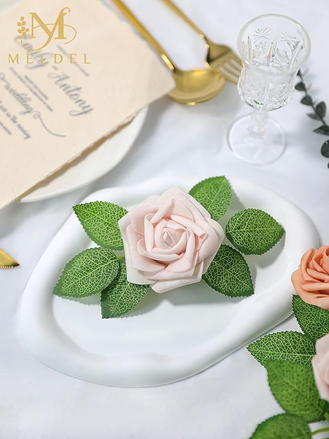 Meldel Artificial Flower 25pcs Real Looking Pink Fake Foam Roses with Stems for DIY Wedding Bouquets Gifts Bridal Shower Faux Floral Centerpieces Arrangements Home Party Tables Decorations