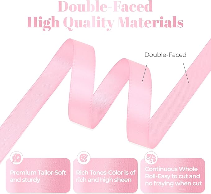 Double Faced Pink Satin Ribbon, 1/2 Inch X 25 Yards Polyester Pink Ribbon for Gift Package Wrapping, Crafts, Bow Making, Sewing, Flower Bouquet, Wedding Party Decor
