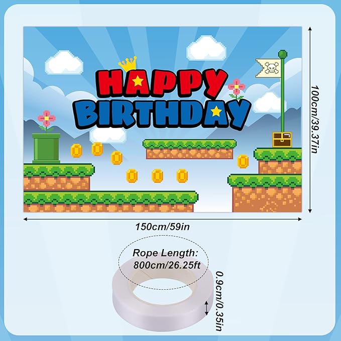 Cartoon Happy Birthday Backdrop, 150 * 100cm/5 * 3ft Video Game Themed Birthday Banner Cute Wall Hanging Decoration for Party Celebration Supplies