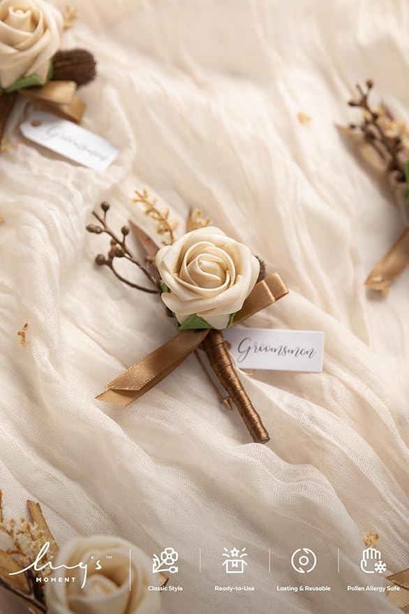 Ling's moment Boutonniere for Men, 6pcs Groom Groomsmen Boutonniere, Artificial Flowers for Wedding Decor/Prom/Homecoming, etc.Brown Beige White