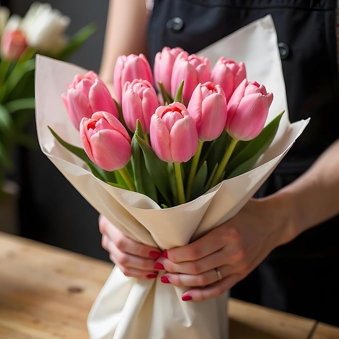 uxcell 20pcs Tulips Artificial Flowers, Faux Flowers Silk Fake Tulip Stems Real Touch for Wedding Bouquet Centerpiece Table Party Decoration(Orange Pink)
