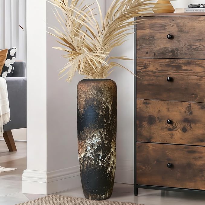 Rustic Ceramic Tall Floor Vase,23.6 Inch Black Large Pottery Farmhouse Decor Floor Vase for Living Room Entryway Table Centerpiece Decor,Vintage Terracotta Vases,Wedding Gift