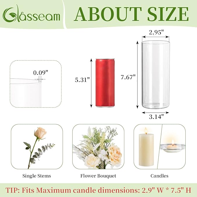 Glasseam Glass Cylinder Vases for Centerpieces, Clear Flower Vase Set of 12, Modern Floating Candle Vases Decor, Decorative Hurricane Pillar Candle Holders for Wedding Dining Table Decorations, 8in