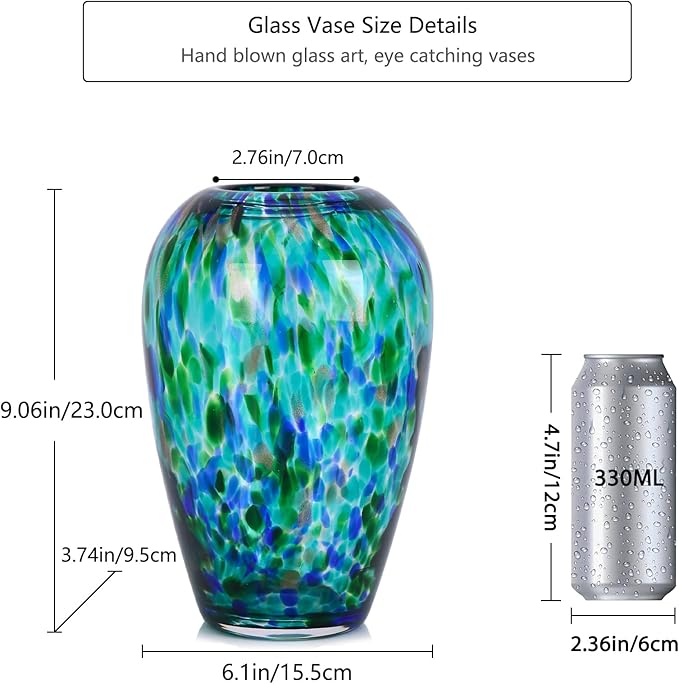 9" Tall Teal Vase Hand Blown Glass Vase Green, Modern Teal Home Centerpieces Wide Mouth Vases for Bud&Flower Decor - Ideal Living Room, Kitchen, Wedding, Dining Table, Office Center Table