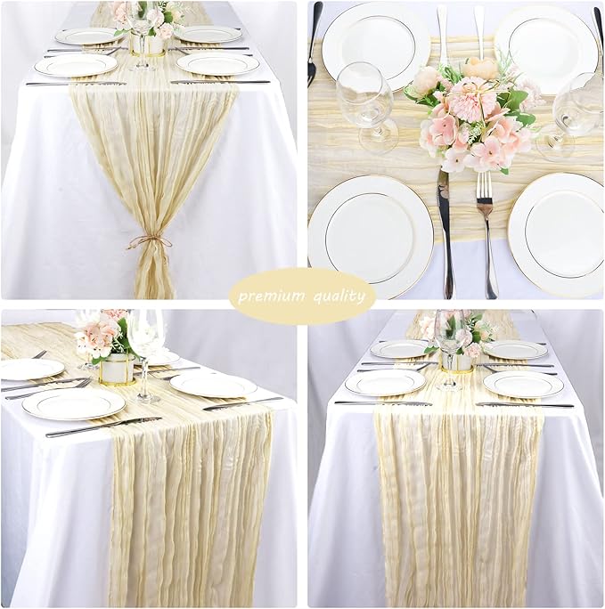 Fivenl 12 Pack Cheesecloth Table Runner 35x72 Inch Boho Gauze Table Runner Rustic Cheese Cloth Long Table Runner Romantic Table Runner for Wedding Bridal Shower Birthday Party Table Decor (Beige)