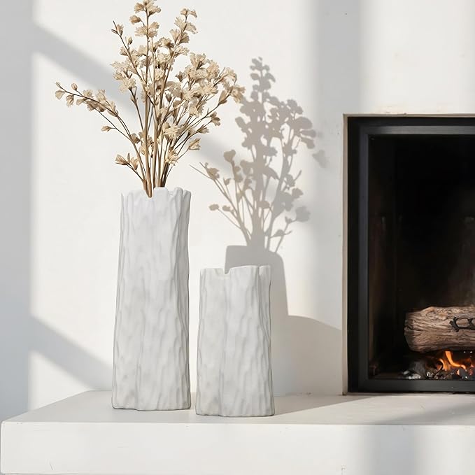10.7 Inch White Ceramic Vase, Organic Nature Shape, OOSTONEE Boho Nordic Modern Style White Flower Vase, Shelf, Home, Living Room, Coffee Table Centerpiece, Ceramic vases for Home Decor