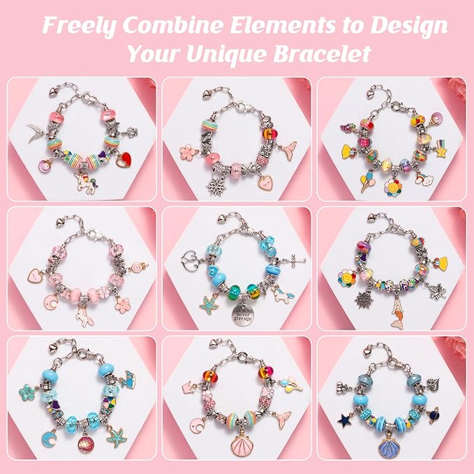 YJK Charm Bracelet Making Kit, 5-12 Year Old Girl Birthday Gifts, 133 Pcs DIY Beaded Jewelry Making Kit with Jewelry Box, Creative Crafts for Girls, Charm Necklace Making kit for Girls (Blue & Pink)