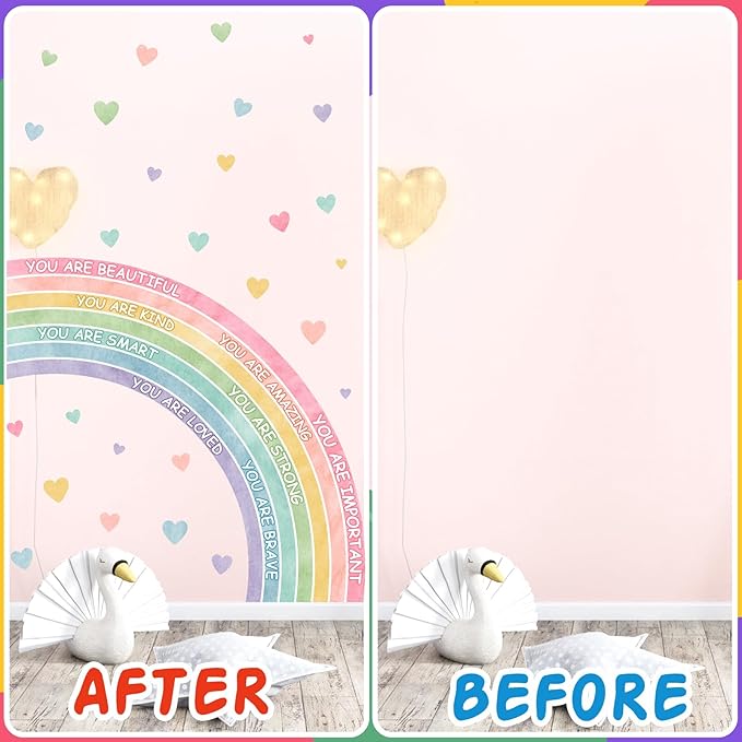 Large Rainbow Wall Sticker Watercolors Inspirational Wall Decal Baby Girls Bedroom Walls Decor Half Rainbow Decals Peel and Stick Pastel Pink Vinyl Art Mural Sticker for Toddler Playroom Kids Nursery