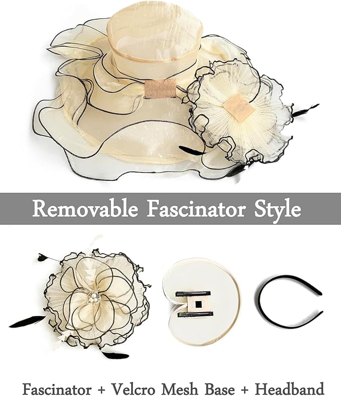 Organza Derby Hats for Women Wide Brim Fascinator Hat Rose Flower Wedding Tea Party Hat