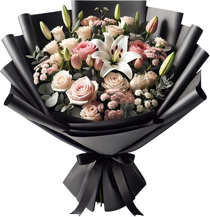 LeZakaa 20 Sheets Flower Wrapping Paper - Waterproof Reversible Floral Bouquet Paper - Black Design for Father's Day, Graduations, Parties, Birthdays, Formal Events