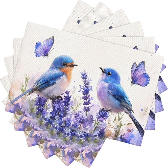 Lavender Birds Placemats Set of 6 Washable Table Mats Spring Floral Flower Heat-Resistant Cotton Linen Place Mats for Dining Table Kitchen Indoor Outdoor Party Holiday Decor