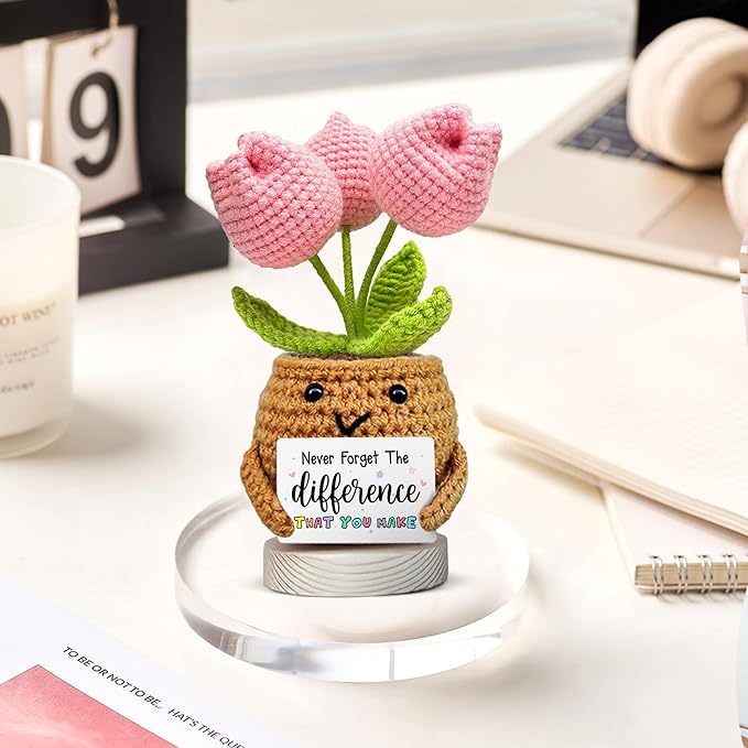 Gossby Handmade Positive Tulip Flower Crochet - Never Forget The Different That You Make - Inspirational Gift for Women - Thank You, Appreciation, Positive Gift for Teacher, Mom, Friend, Coworker