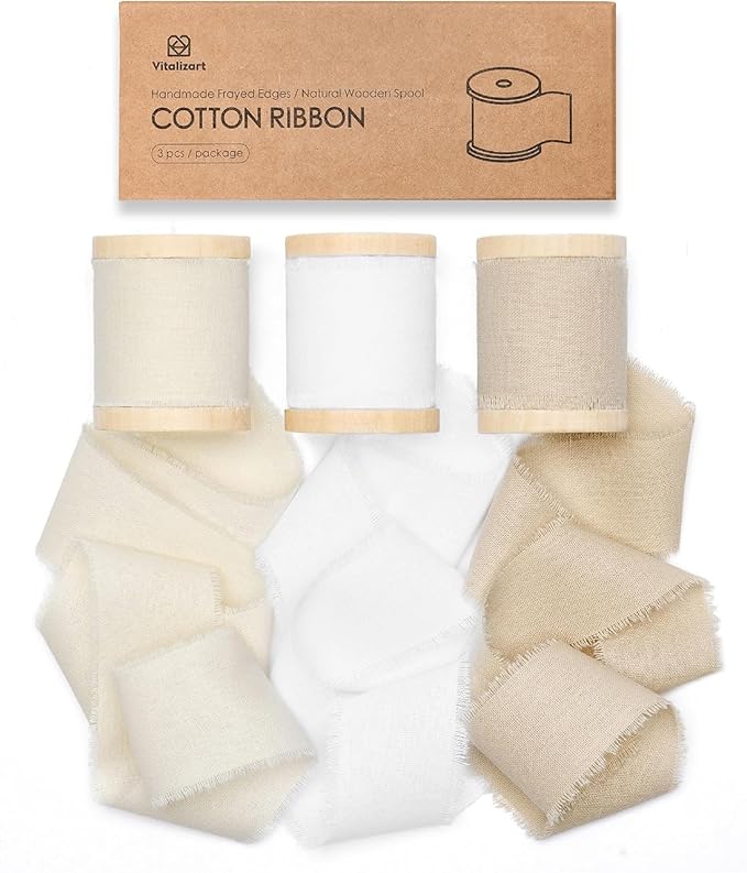 Vitalizart 100% Cotton Ribbon 1-1/2" x 15 Yd Nude Beige White Handmade Frayed Fringe Fabric Ribbons for Gift Wrapping Wedding Invites Bridal Shower Bouquets Christmas Decorations