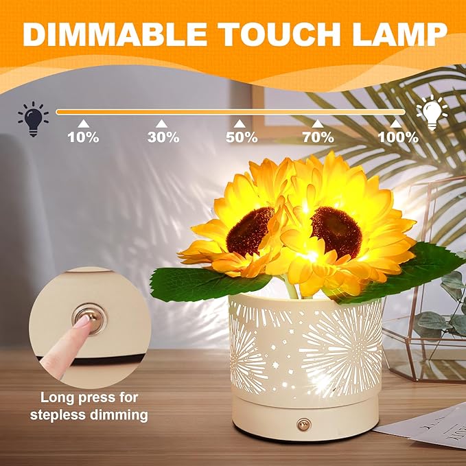Birthday Gifts for Women,Sunflower Flower Cordless LED Touch Table Lamp,3-Colour Infinitely Dimming Rechargeable Small Night Light for Festival,Restaurant,Bedroom,Office Decor Gifts for Mom