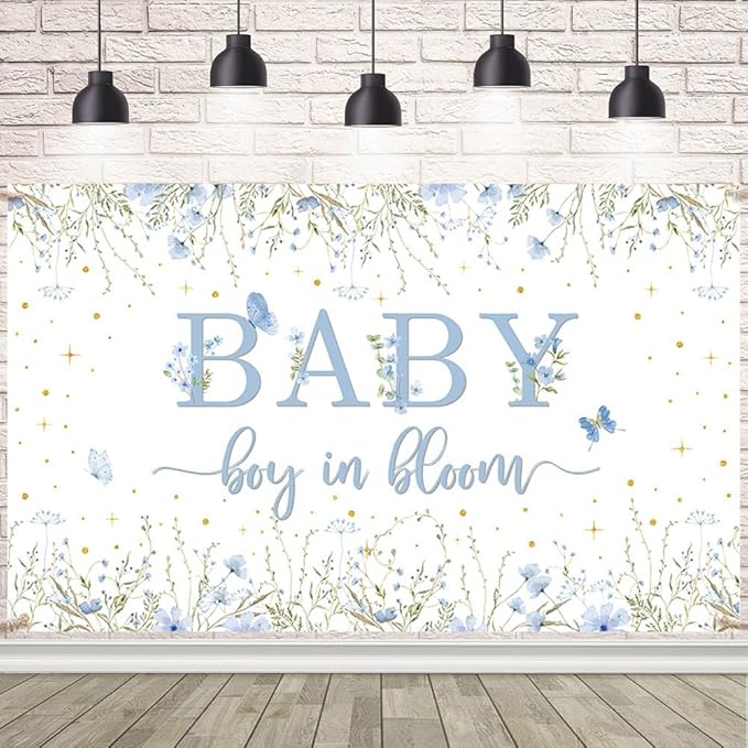 8x6ft Baby Boy in Bloom Backdrop for Boys Wildflower Baby in Bloom Baby Shower Decorations Banner Blue Floral Baby Shower Photography Background Cake Table Decor Supplies Photo Booth Prop