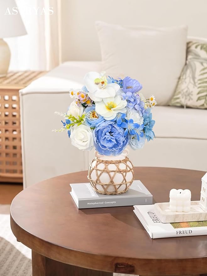 ASTRYAS Blue Artificial Flowers Combo Box Set, Baby Blue Silk Peonies Dahlia Roses with Stems for DIY Bridal Wedding Bouquets Baby Shower Floral Arrangements Centerpiece Table Party Home Decorations