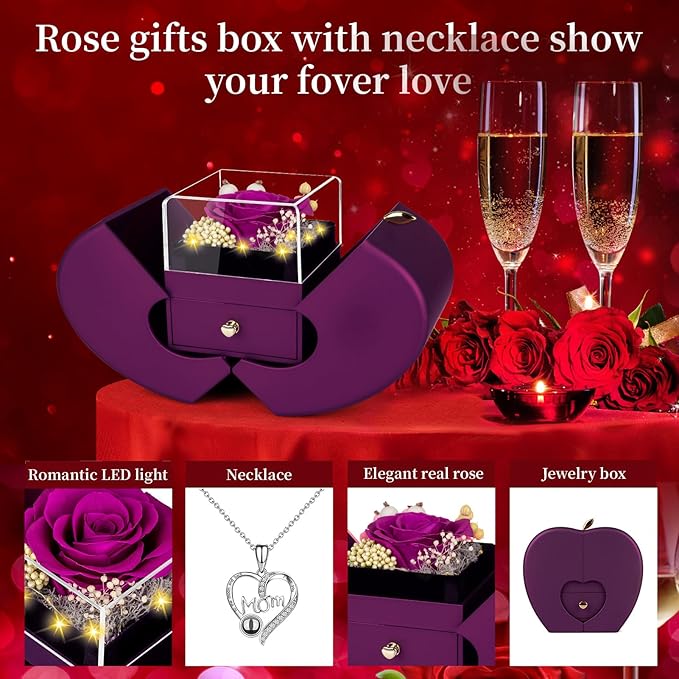 Gifts for Mom from Daughter and Son,Unique Mother Birthday Gift Idea, Preserved Purple Real Roses with I Love You in 100 Languages Mom Necklace, Cool Present to Mother Mama -Purple