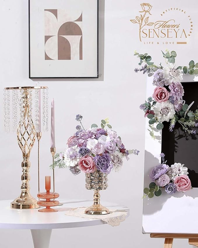 Senseya Artificial Flowers Combo Set, Purple Silk Roses, Peonies, Dahlias with Stems for DIY Wedding Bouquets, Baby Shower, Table Centerpieces, Home Decor, Fake Floral Arrangements, Party Decorations