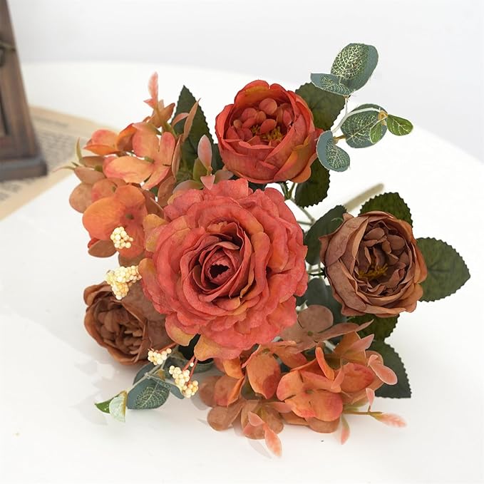 2 Packs Fall Orange Flowers Artificial for Decoration, Fake Peony Silk Rose Flowers Hydrangea Bouquet Fall Floral Arrangement for Table Centerpieces Home Living Room Decor (2, Fall Orange)
