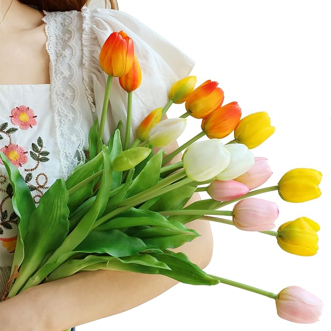 Artificial Pink Tulips, 10pcs Real Touch Faux Latex Tulips, 15.3" Stems, Wrinkle Resistant, Perfect for Home, Parties, Weddings