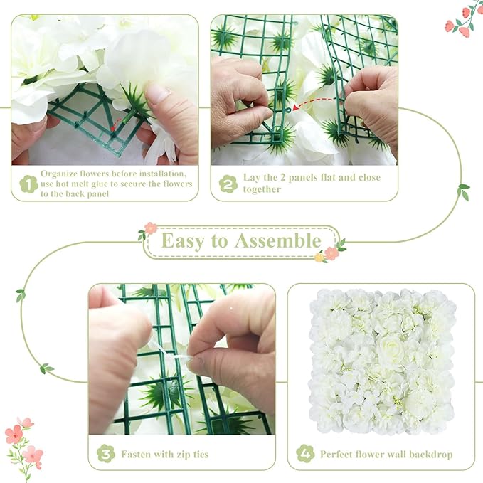 FUHSY Flower Wall Backdrop White Rose Wedding Backdrop 3D Floral Wall 12 PCS 15X15 Inch Artificial Flower Wall Panels Flower Photo Background for Bridal Shower Party Arrangement Event Decorations