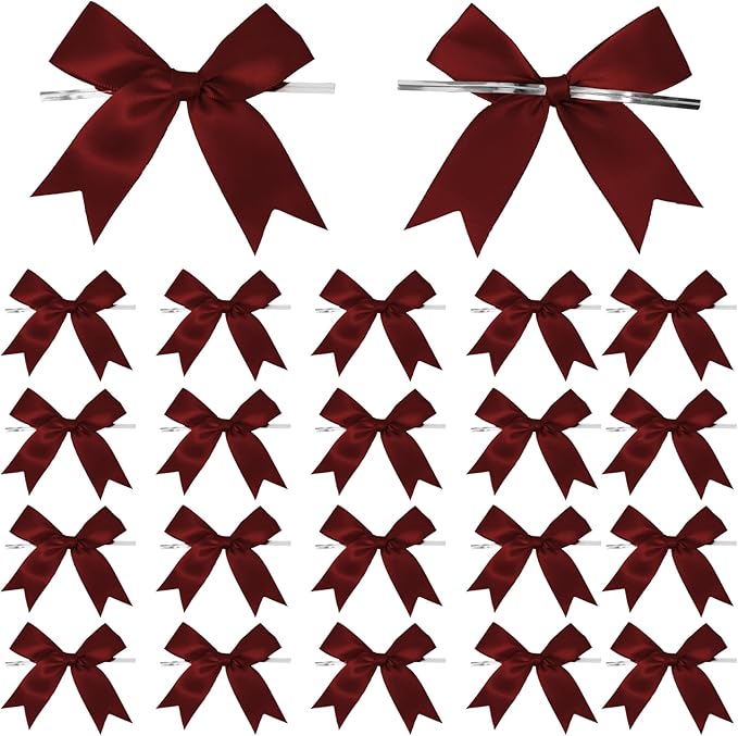 50 Counts Burgundy Red Twist Tie Bows 3.1" Pre-Tied Satin Ribbon Bow Decor Mini Twist Tie Bows for Gift Wrapping Treat Bags Cake Bridal Baby Shower Birthday Party Favors Wedding Decorations
