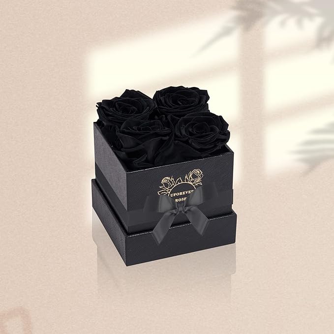 4-Piece Preserved Roses in a Box, Preserved Flowers, Roses Gift for Her, Black