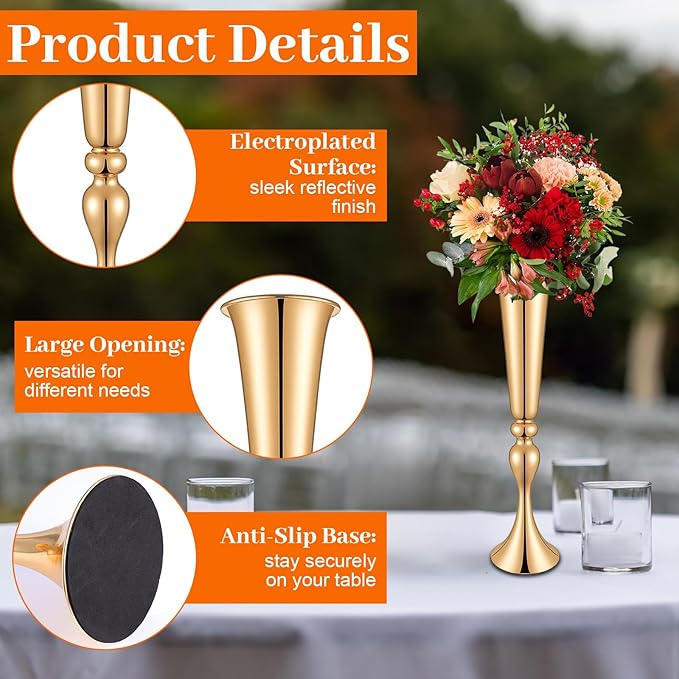 JIEYAO 2 Pcs 22" Tall Gold Vases for Centerpieces, Metal Trumpet Flower Stand Table Decoration Vase for Wedding Party Arrangement