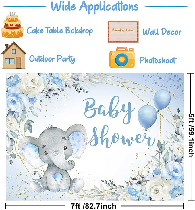 Elephant Baby Shower Backdrop Blue Flower It's A Boy Elephant Baby Shower Party Decorations Photography Background Little Peanut Cake Table Banner Photoshoot Supplies 7x5ft
