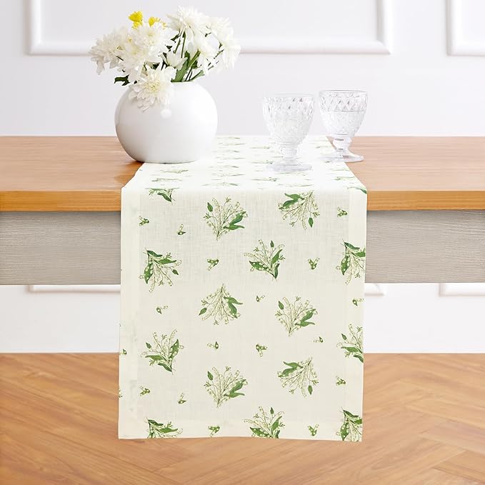 Solino Home Lily Floral Print Table Runner 60 inch - 100% Pure Linen Table Runner 14 x 60 Inch - Machine Washable - Lily of The Valley/Off White Print
