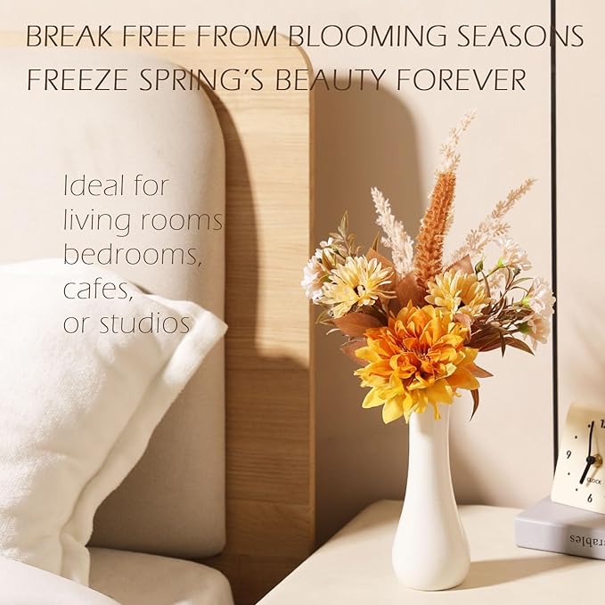 Fake Flower Bouquet, Faux Flower Arrangement for Decorating Kitchens, Bedrooms, Bathrooms, Realistic Artificial Flowers Made of Silk & Plastic, Floral Decoration with Dahlia & Small Blossoms