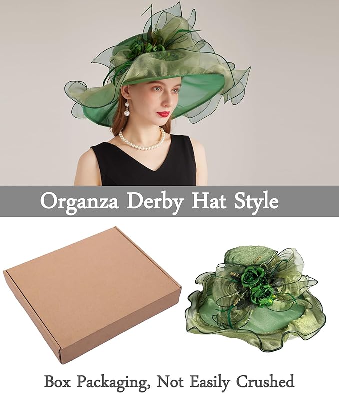 Organza Derby Hats for Women Wide Brim Fascinator Hat Rose Flower Wedding Tea Party Hat