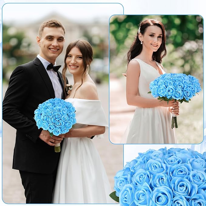 80 Pcs Roses Artificial Flowers, Silk Sky Blue Artificial Flowers Petals Long Stem Roses for Wedding Bouquet Home Party Decor