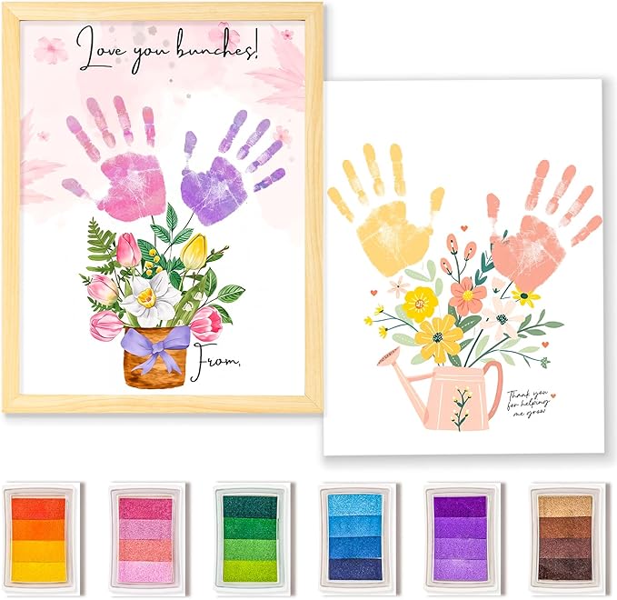 DIY FlowerHandprint Craft Kit for Grandma, Unique Gifts for Grandma, Birthday Gift for Mom Grandma Nana Mimi, Christmas and New Year Gifts(12" x 16", 2 Art Papers, Wood Frame)