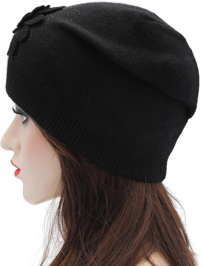 ZLYC Women Floral Slouchy Beanie Hat Double Layer Winter Knit Skull Cap