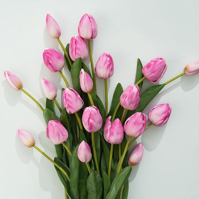 Real Touch Artificial Tulips, 20pcs Fake Tulip Flower Stem, PU Faux Tulip 19.7” for Mother's Day Easter Valentine's Gift, Home Decor Wedding, Table Centerpiece Floral Creation, Pinkish Purple