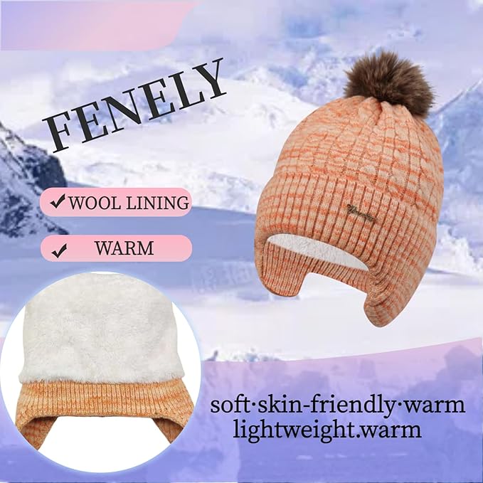 FENELY Women's Knitted Warm Beanie Winter Hat, Warm Chunky Snow Hat with Pompom