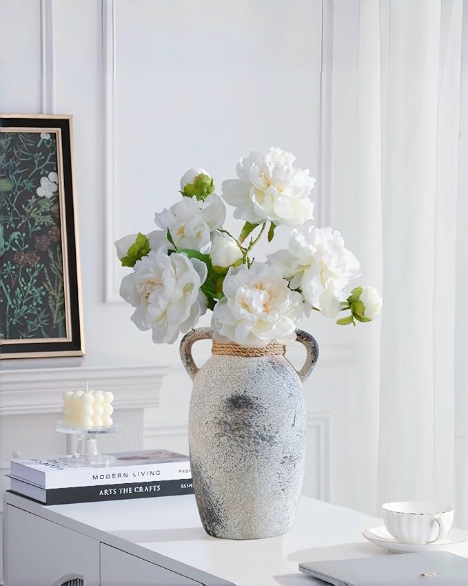 Ceramic Flower Vase with 2 Handles,9.8 inch Large Farmhouse Rustic Terracotta Vases for Decor，Gray