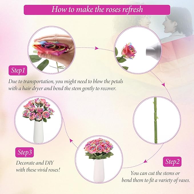 Hotop 20 Pcs Artificial Rose Flowers with Long Stem,Real Touch Silk Realistic Plastic Bouquet Roses Bulk for Home Decor Bridal Wedding Party Table Centerpieces Decorations(Rainbow)